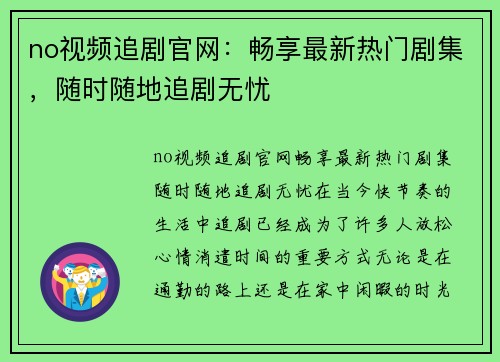 no视频追剧官网：畅享最新热门剧集，随时随地追剧无忧